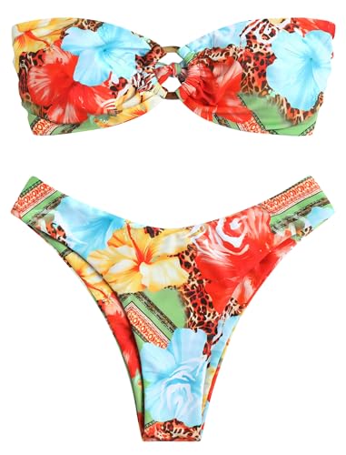 Image of ZAFUL Women's Bandeau Bikini O Ring Strapless Tie Back High Cut Two Piece Swimsuit Bathing Suits