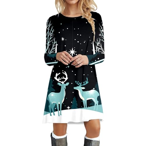 Kleid Weihnachten Damen Elegant Weihnachtskleid Langarm Weihnachts Pulloverkleid Druck Christmas Dress Vintage Partykleid Festliches Kleider (XL)