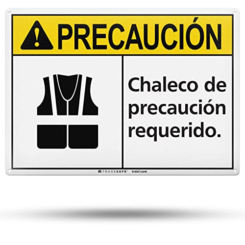 TRADESAFE Safety Vest Required PPE Sign - Chaleco de Precaución Requerido Spanish Sign, Quick Install Aluminum Safety Sign, Light Reflective, UV-Resistant, Waterproof, 14” X 10” Caution Signs