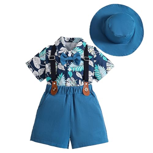 Toddler Baby Boy Outfits 2-3Y Boys Gentleman Suit Leaves Short Sleeve Shirts+Bowtie+Dark Blue Suspender Shorts+Hat Little Boy Clothing Sets