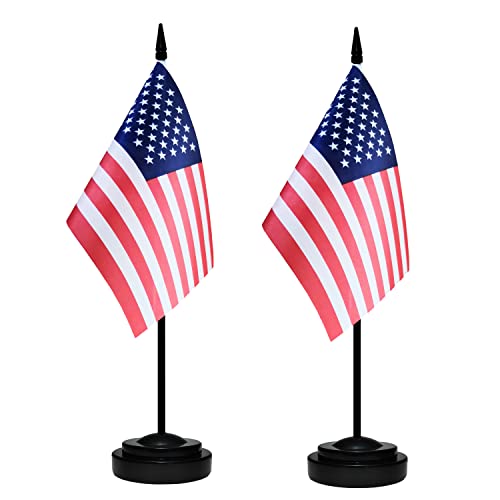 Usa Desk Flag Set, 2 Pack American Us Table Office Flags, Small Mini Desktop Flag With 12" Solid Black Pole, Black Base, Miniature Desktop Flag #TOP5