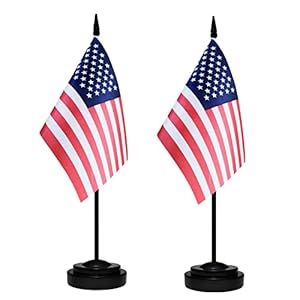 USA Desk Flag Set, 2 Pack American US Table Office Flags, Small Mini Desktop Flag With 12″ Solid Black Pole, Black Base, Miniature Desktop Flag