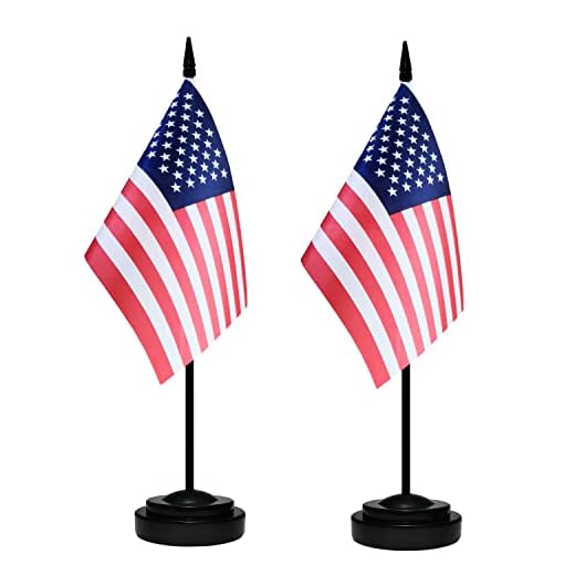 USA Desk Flag Set, 2 Pack American US Table Office Flags, Small Mini Desktop Flag With 12" Solid Black Pole, Black Base, Miniature Desktop Flag