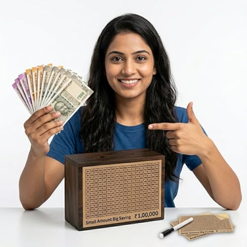 Image of Unbreakable Wooden Money Saving Box for Adults - 1 Lakh Capacity | Reusable Piggy Bank | Money Bank with Amount 100000 | One Lakh Gullak, Kidddy Bank for Kids, Men, Women, Girls, Boys | 1 Yr Warranty