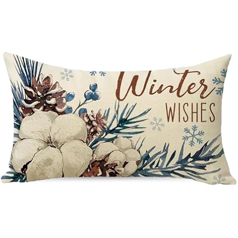 Ussap Winter Wishes Cotton Lumbar Decorative Throw Pillow Cover 12 x 20, Pine Cone Pine Needle Rectangle Cushion Case Decor, Christmas Seasonal Snowflake Home Decoration for Sofa Couch Cover