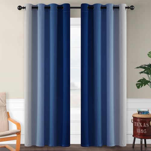 Image of SimpleHome Ombre Room Darkening Curtains for Bedroom, Gradient Royal Blue to Grey White Light Blocking Thermal Insulated Grommet Window Curtain /Drapes for Living Room,2 Panels, 52x84 inches Length