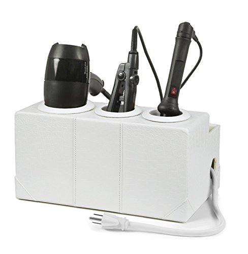 G.U.S. Hair Tools Holder for Blow Dryer, Flat Iron, Curling Iron, Countertop Hair Styling Station, Hair Stand, Styling Organizer, White Croc Leatherette (White - (No Power))