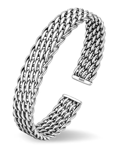 Irideket Handmade 925 Sterling Silver Bangle Bracelet for Men, Vintage Weighted Woven Bangle, Solid Silver Jewelry Gift, Adjustable Open Silver Plated Bracelet for Husband Father