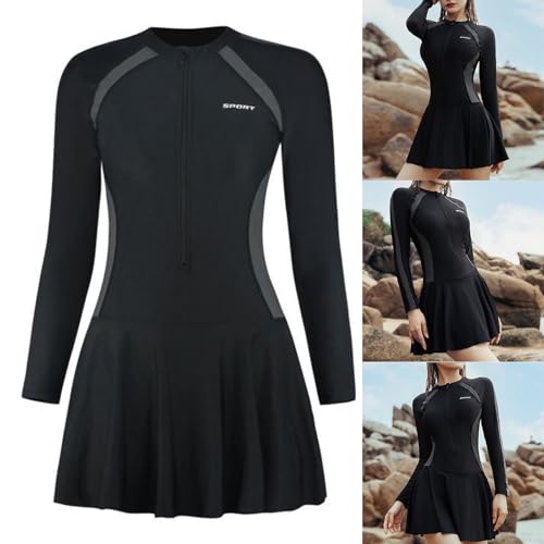 Women Front Zippered Rashguard Swimsuit Long Sleeve Rashguard Swimsuit Swimdress with Boyshorts Surfing Bathing Suit2