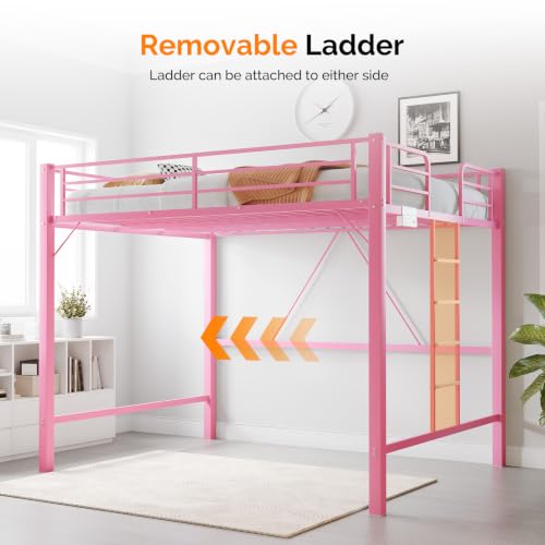 Image of VINGLI Loft Bed Queen Size with Charging Station and LED Lights,Safety Guardrail and Stair for Teens /Adults, No Box Spring Needed, Heavy Duty Metal Support Slat, Pink