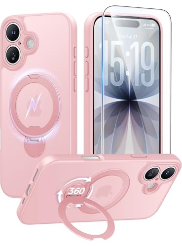 Image of FNTCASE for iPhone 17 Case: [360 Spin Magnetic Stand] [Compatible with Magsafe] [Screen Protector] Translucent Matte Military Grade Shockproof Full Camera Protective Phone Cover - Pink