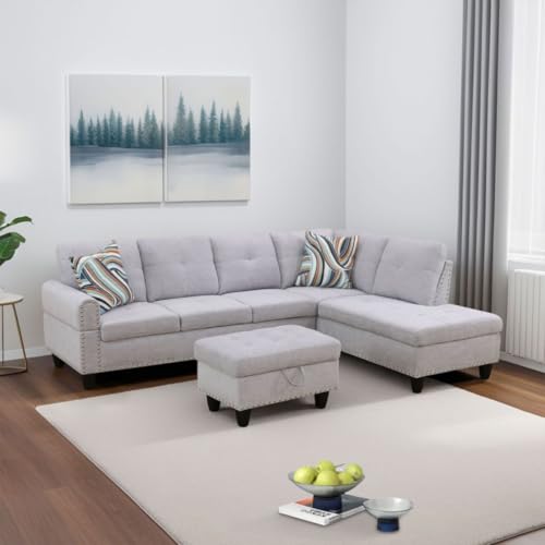 Image of L-Shaped 3-Piece Flannel Sofa with Ottoman, Sectional Couch Set for Living Room, Office, Apartment, with Cup Holder, Grey White