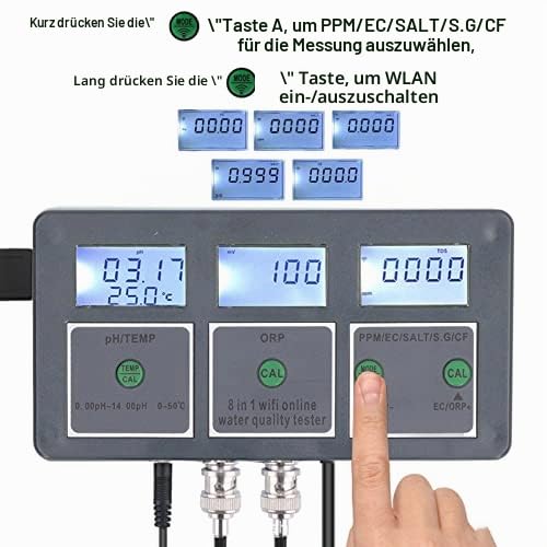 Multiparameter-Wasserqualitätstester S.G PH EC SALT ORP TDS CF TEMP 8 in 1 Wiederaufladbarer 24-Stunden-Online-Überwachung Digitaler Wassertester für Aquarien