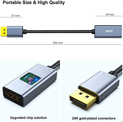 BENFEI 4K DisplayPort na HDMI, jednokierunkowy DisplayPort DP Computor do monitora HDMI, adapter połączeniowy kompatybilny z laptopami, komputerami PC, projektorem TV [obudowa aluminiowa, plecionka