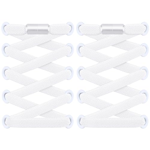 RJ-Sport 2 Paar flache Schnürsenkel ohne Binden - Elastische Schnürsenkel mit Schnellverschluss - Schnellschnürsystem für Einzigartigen Komfort und Starken Halt - mit Metallkapseln (Weiß)