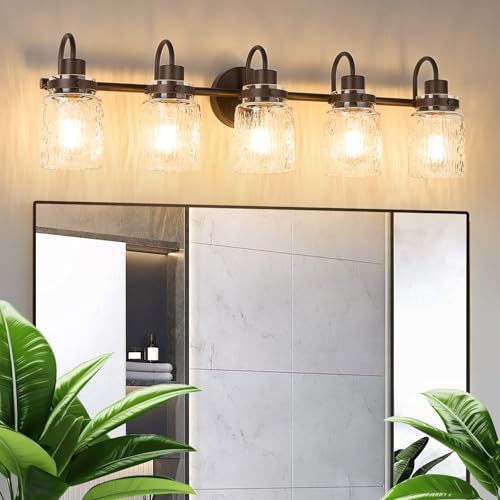 Image of 5 Lights Hammered Glass Bathroom Vanity Light, Oil Rubbed Bronze | Easy Installation,Up or Down,Farmhouse Modern Style,E26 Socket,ETL Certification