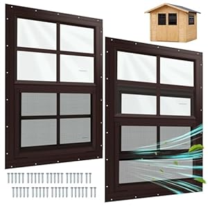 Kerty 2 Stück Schuppenfenster, 45,7 x 58,4 cm (B x H), bündiges Fenster mit gehärtetem Glas für Schuppen, Hühnerstall, Garage und Spielhaus (braun)