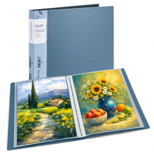 Image of 13x19 Blue Art Portfolio Folder Displaying 48 Pages with Plastic Sleeves | 24-Pocket Presentation Book Binder For Artwork Storage Featuring Dark Inner Paper Inserts Protective Document Archival Holder
