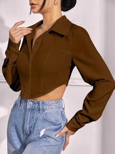 Image of GRECIILOOKS Women`s Oversized Fit Crop Top Shirt | Casual Long Sleev Stylish Collared Shirts for Womens | Comfortable Rich Korean Button Down | Formal Look Stylish Trendy Shirts
