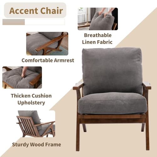 HNY Mid Century Arm Chair, Upholstered Accent Armchair with Wood Frame and Canvas Cushions, Leisure Reading Chair Slipper Chair for Living Room, Bedroom, Gray