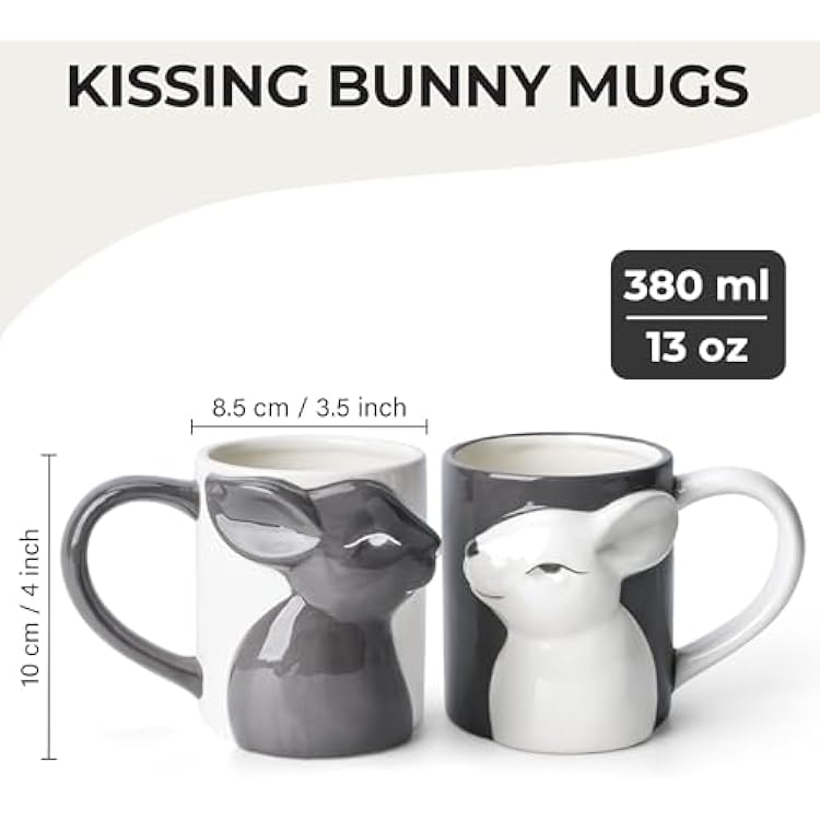 MIAMIO - Kissing Rabbit Mug Set of 2/13.5 oz Coffee Mug for Couples/Ceramic Coffee Cup Set/Gifts for Women/Men for Birthday, Easter or Christmas - Microwave- and Dishwasher Safe