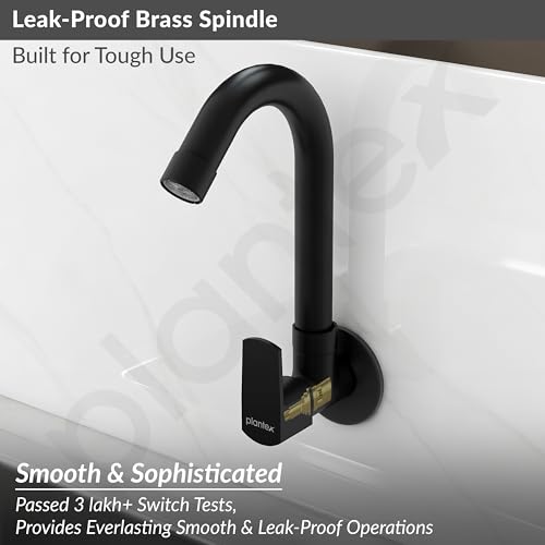 Image of Plantex Single Lever Kitchen Sink Tap with Water Saving Aerator and Brass Spindle Tap /Quarter Turn Sink tap for Kitchen Basin with Wall Flange and Teflon Tape (Saga-Black)