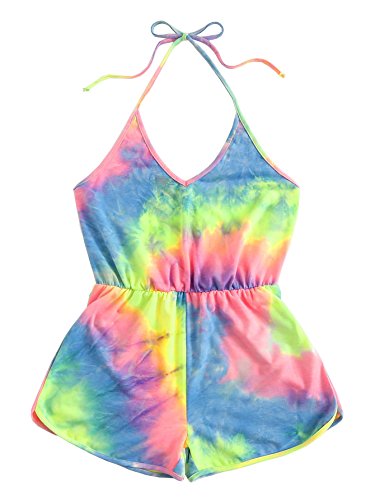 SweatyRocks Women s Halter Sleeveless Tie Dye Short Jumpsuit Rompers Backless Playsuit Multicoloured S