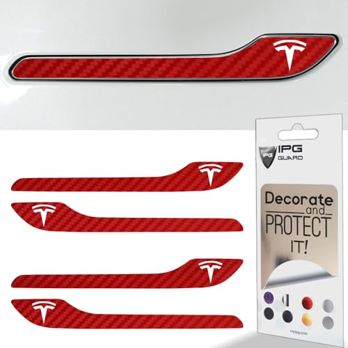 Image of IPG Compatible for Model 3 / Model Y Door Handle Decal Sticker Wrap Kit (Set of 4) with Tesla Logo Personalize Your Tesla (Red Carbon Fiber)