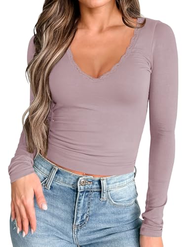 PINKMSTYLE Womens Lace Patchwork Fashion V Neck Double Lined Tops Casual Long Sleeve Fall Shirts Trendy Night Out Outfits Pink Medium — view 2