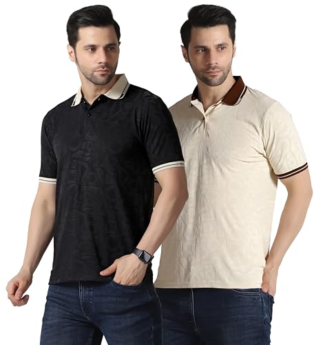 Image of TOPLOT Men's Premium Jacquard Polo T-Shirt | Geometric Textured Design | Contrast Collar & Cuffs | Soft Breathable | Perfect for Office & Casual Wear | Available in Pack of 2 (5281)