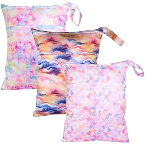 Kawigo Wet Dry Bag 3 Packs Two Zipper Pockets Travel Beach Pool Reusable Waterproof Yoga Gym Bag for Baby Cloth Diaper Swimsuits Wet Clothes Mermaid Cover