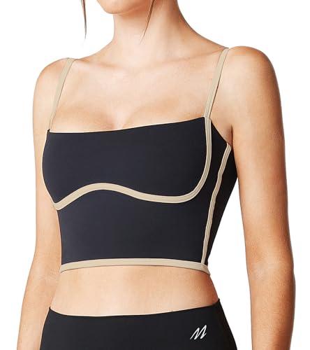 Image of Sleeveless Spaghetti Strap Padded Sports Bra Tank Tops Square Neck Double Layer Workout Fitness Basic Crop Tops