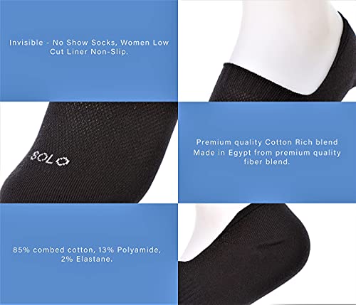 Image of SOLO Cotton Rich, No show socks, Low Cut Liner Non Slip. Made in Egypt (OEKO-TEX Certified)., H.grey /Black /Beige (9-pack), Small-Medium