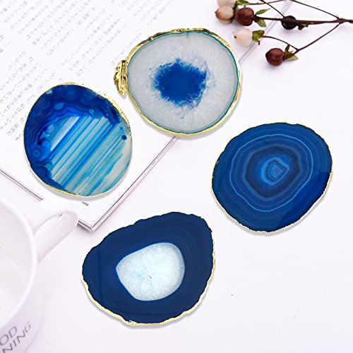 Nuoditos Blue 3.5-4" Agate Coasters Set Of 4, Geode Coasters, Agate Coasters, Spar Coasters, Crystal Coasters For Home Decor, Gift, Coffee Table，Coasters For Drinks #TOP1