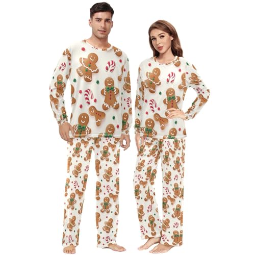Fustylead Christmas Gingerbread Man and Candy Cane Unisex Pajama Sets Two Piece Long Sleeve Soft Sleepwear for Men & Women