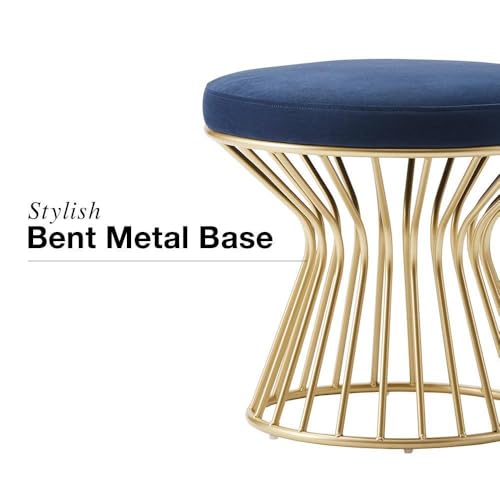 Image of Round Velvet Ottoman Seatting Stool Foot Rest Vanity Dressing Stool with Gold Metal Legs Modern Upholstered Footstool for Living Room Bedroom Home and Office Blue