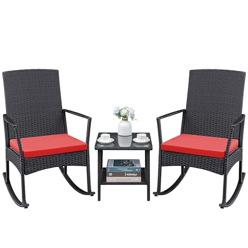 Greesum 3 Pieces Patio Furniture Set Outdoor Wicker Rocking Chairs with Glass Coffee Table for Garden Backyard Porch Poolside, Red