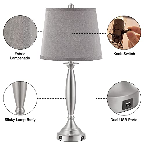 Seealle Modern Usb Table Lamp Set Of 2 27.9" Table Lamps For Living Room Table Top With Usb Ports Matte Nickel Body Bedside Lamp Set Of 2 With Grey Drum Lampshade For Bedrooms Table End Table #TOP2