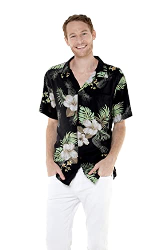 Matchable Couple Hawaiian Luau Shirt or Wide Legged Pants in Pineapple Garden Black4