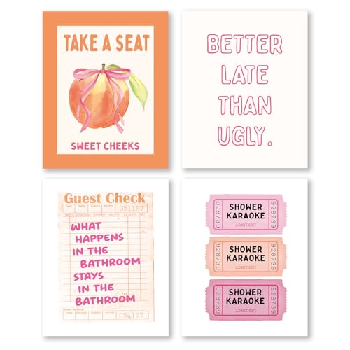 Pleonox Pink Preppy Funny Bathroom Canvas Wall Art Prints 8x10 Inch Set of 4, Trendy Retro Pink and Orange Sweet Cheeks Shower Karaoke Peach Pictures Wall Decor for Girls Bathroom Bedroom, Unframed