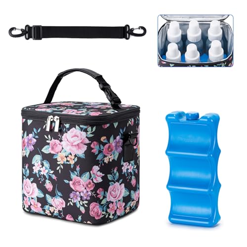 Image of BABEYER Breastmilk Cooler Bag with Ice Pack Fits 6 Baby Bottles Up to 9 Ounce, Baby Bottle Bag with Shoulder Strap for Nursing Mom Daycare, Flowers