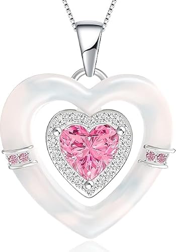 Sterling Silver Birthstone Necklace for Women, Mother of Pearl Shell Necklaces, Double Heart Necklace for Wife, Jewelry Gift for Women Mom Girlfriend (pink)