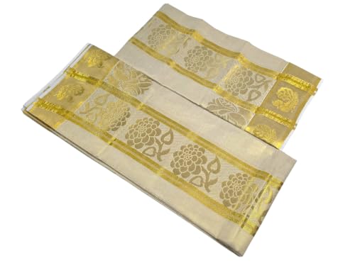 Image of Womens Kuthampully Set Mundu With Golden & Stripes Kara