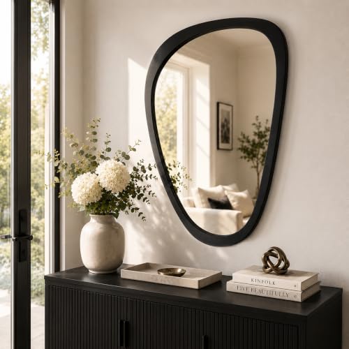 Image of Solid Wood 36x24 Matte Black Irregular Bathroom Vanity Wall Mirror | Matte black contrast suits modern and industrial bathrooms, over-sink vanities, powder rooms, guest baths, black fixtures.