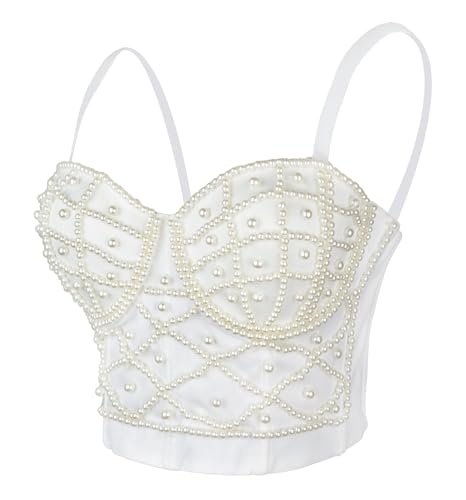 ELLACCI Sexy Pearls Beaded Bustier Corset Crop Top Club Party Cage Bra White Large