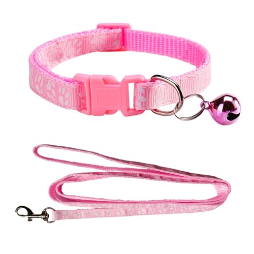 Puppy Collar Puppy Collar Set with Leash Pet Cat Collar Leash Design Nylon Adjustable Size 19-32cm Collar with Bell Adjustable Paw Print Comfortable and Durable（Pink）
