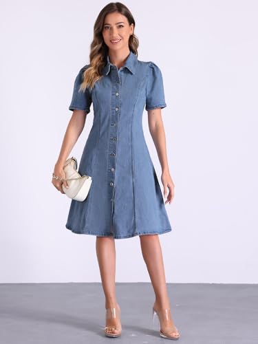 Image of Allegra K Denim Dress for Women's Puff Sleeve Button Down Collared Jean A-Line Dress