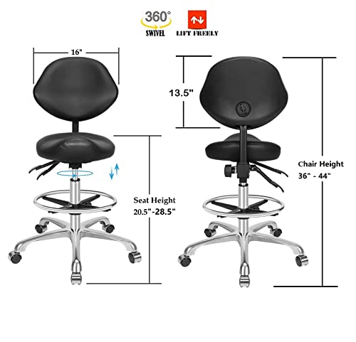 Kaleurrier Ergonomic Rolling Swivel Saddle Stool with Wheels,Pneumatic Lifting Height Adjustable Drafting Chair for Clinic Hair Salon Massage Lab Home Office (Black,with Back Rest & Footrest) - Thumbnail 2