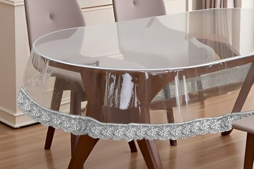 Image of The Furnishing Tree Oval Shaped 8 Seater Transparent Table Cover WxL 60x90 inches 0.25 mm Thickness with Silver Lace