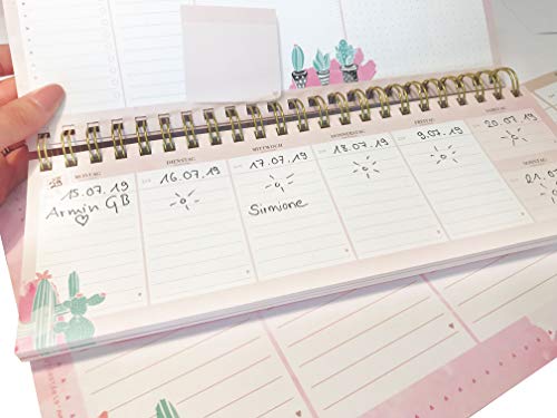 Rosa Tischkalender ohne Datum Alpaka & Kaktus. Hochwertiger, moderner Wochenkalender, Querkalender für 52 Wochen +1. 1 Woche 2 Seiten. Verwendbar als Kalender 2025/2026